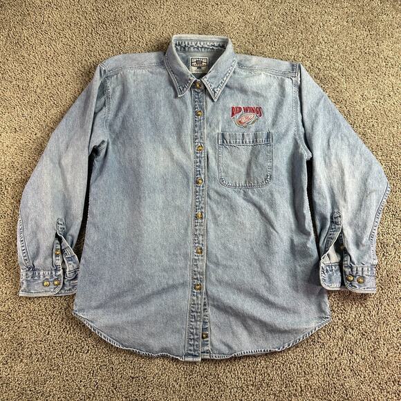 VINTAGE Detroit Red Wings Shirt Womens M Blue Chambray Denim Button Up LEE - Picture 1 of 10